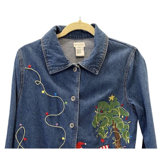 Tantrums Womens Denim Jacket Embroidered Flamingos Tree Holiday Lights S - Picture 2 of 6